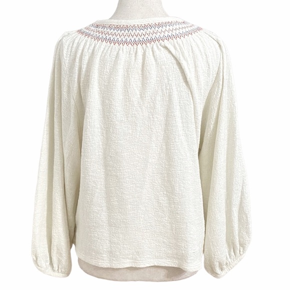 MADEWELL OFF WHITE  SUPERLIGHT JACQUARD EMBROIDERED SMOCKED LONG SLEEVE BLOUSE - Picture 4 of 10